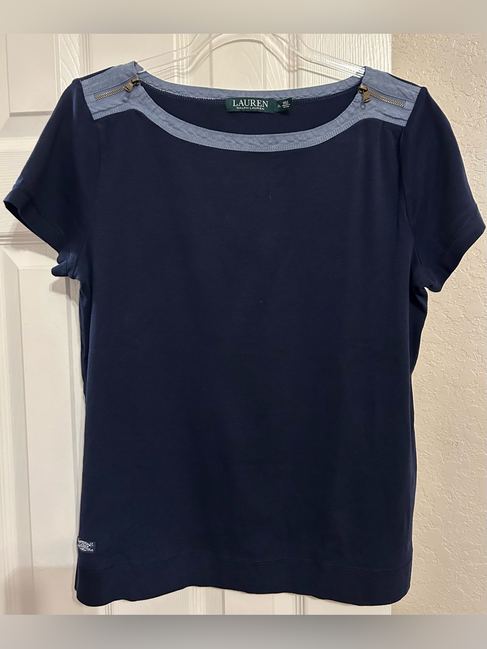 Lauren Ralph Lauren Navy Short Sleeve Tee with Chambray Trim and Shoulder Zips